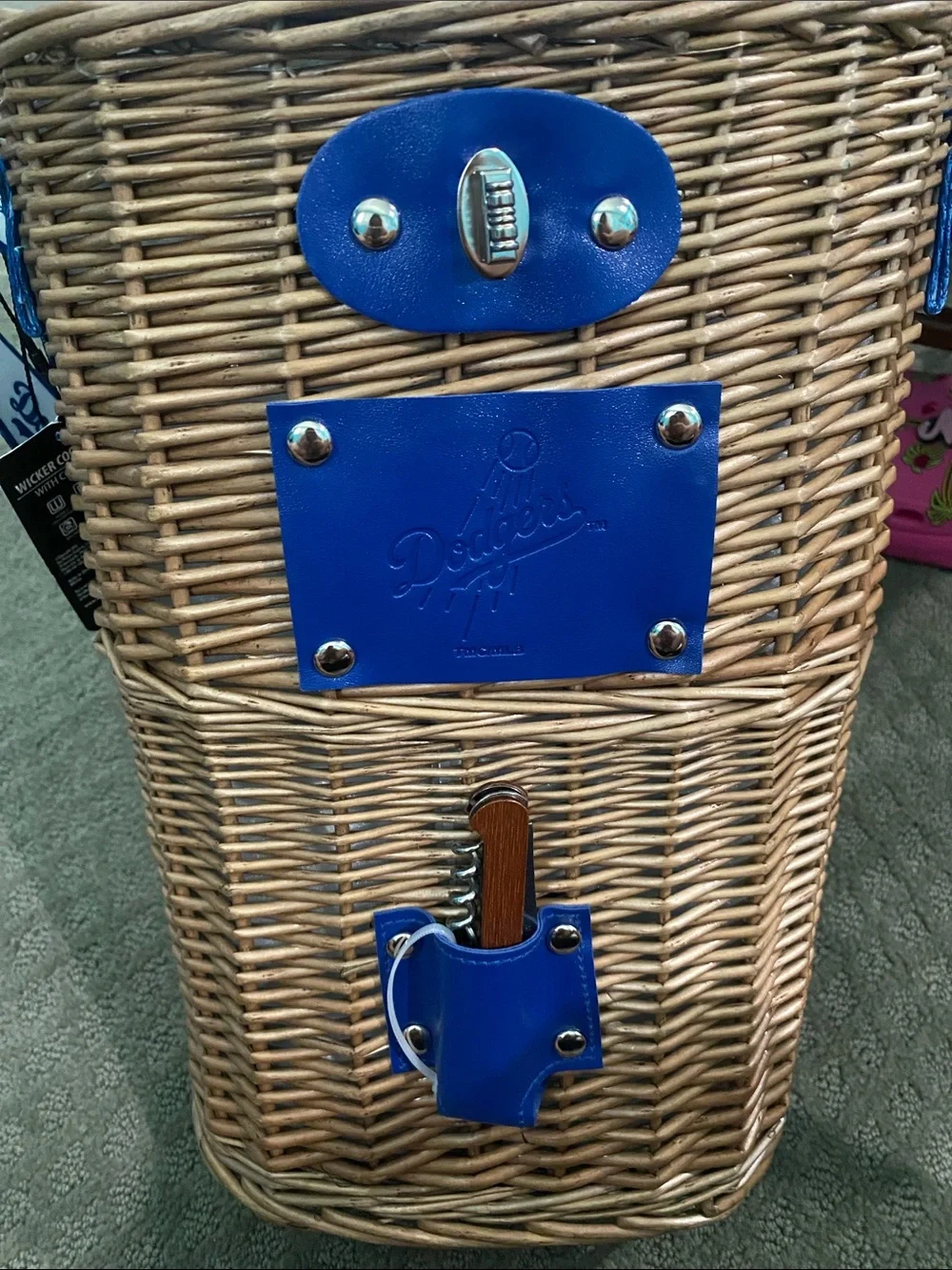 LA Dodgers Wicker Wine Insulated Cooler Bag with Logo Strap & Corkscrew